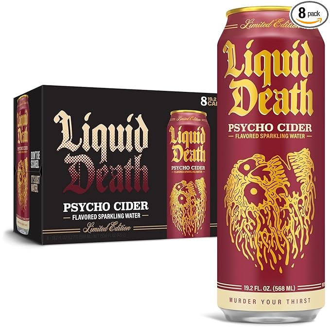 Liquid_Death,_Psycho_Cider_Sparkling_Water,_Apple_Cider_Flavored_Sparkling_Beverage_Sweetened_With_Real_Agave,_Low_Calorie_&_Low_Sugar,_8-Pack_(King_Size_19.2oz_Cans)