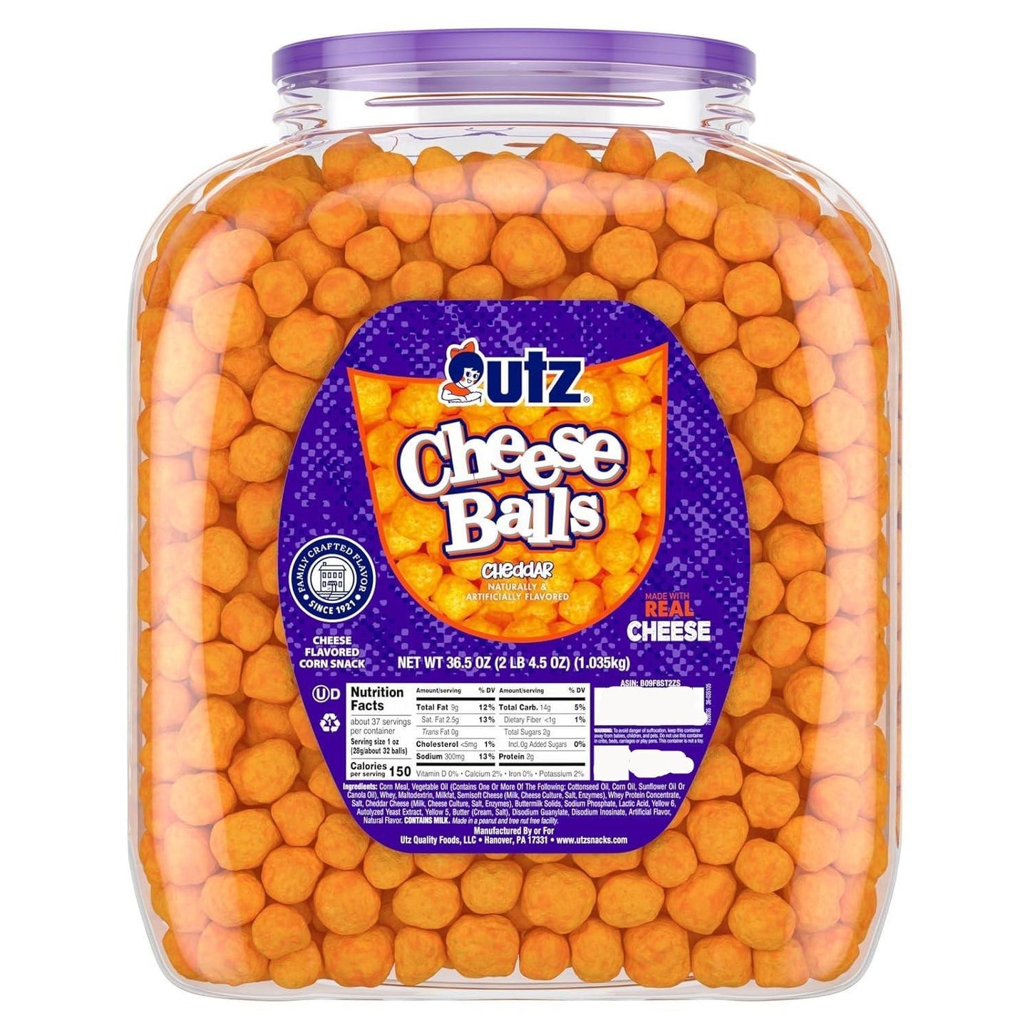Utz_Cheese_Balls_Barrel,_Tasty_Snack_Baked_with_Real_Cheddar_Cheese,_Delightfully_Poppable_Party_Snack,_Gluten,_Cholesterol_and_Trans-Fat_Free,_Kosher_Certified,_36.5_Oz
