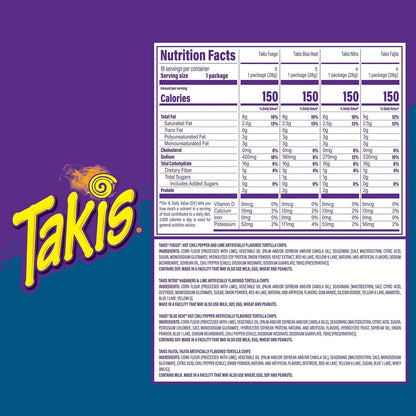 Takis_18_pc_/_1_oz_Variety_Pack,_Assorted_Flavored_Mixed_Rolled_Tortilla_Chips_–_(5)_Fuego,_Blue_Heat,_(4)_Nitro,_Crunchy_Fajitas