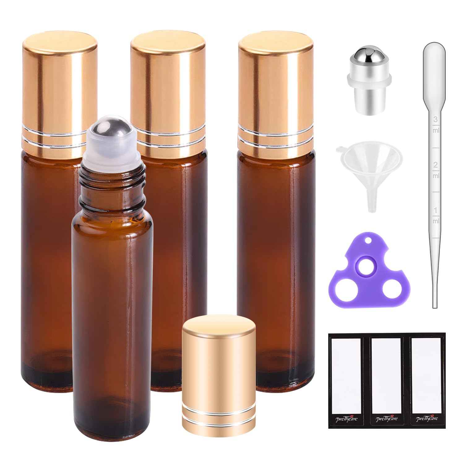 PrettyCare_Essential_oil_Roller_Bottles_for_Oils_10ml_Glass_Amber_Perfume_Bottles_Empty_with_Extra_Roller_Balls,_Opener,_Funnel,_Pipette,_Labels
