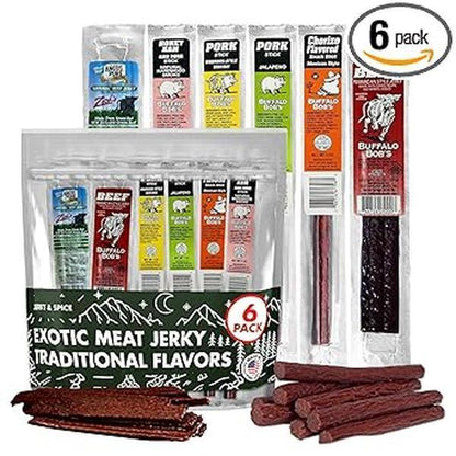 Buffalo_Bob's_Wild_Game_Meat_Snacks_(6_Pack),_Beef_Jerky_Variety_Pack,_Jerky_Gift_Baskets_for_Fathers/Dad,_Exotic_Random_Jerky_Sampler_Set,_Mens_Hunting_Stocking_Stuffers,_Jerky_Gift_Set