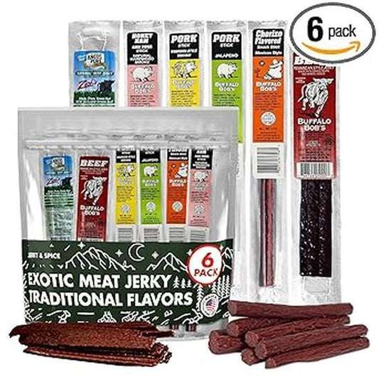 Buffalo_Bob's_Wild_Game_Meat_Snacks_(6_Pack),_Beef_Jerky_Variety_Pack,_Jerky_Gift_Baskets_for_Fathers/Dad,_Exotic_Random_Jerky_Sampler_Set,_Mens_Hunting_Stocking_Stuffers,_Jerky_Gift_Set