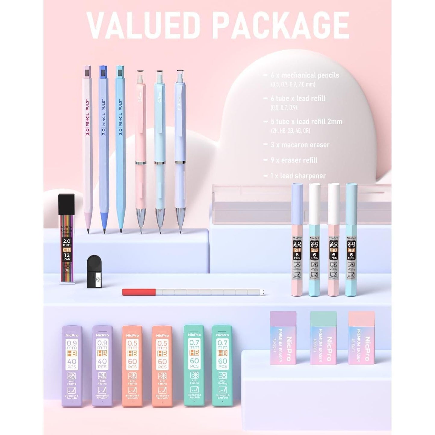 Nicpro_22PCS_Pastel_Mechanical_Pencils_Set_in_Case,_Art_Cute_Drafting_Pencil_0.5,_0.7,_0.9_mm,_2mm_Lead_Pencil_Holders_for_Sketching_Drawing_With_11_Tube_(4B_2B_HB_2H_Colors)_Lead_Refills,_3_Erasers