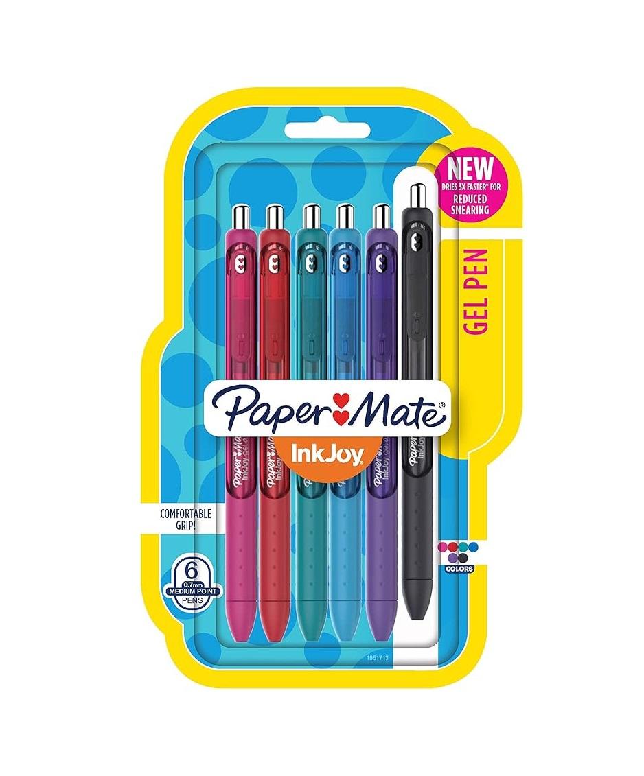 Paper_Mate_InkJoy_Retractable_Gel_Pens,_Medium_Point,_0.7_mm,_Black_Barrels,_Assorted_Ink_Colors,_Pack_Of_6