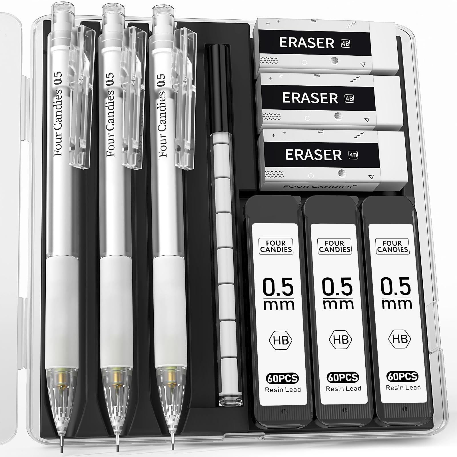 Four_Candies_Cute_Mechanical_Pencil_Set_with_Case_-_3PCS_Pencils_0.5mm_with_180PCS_HB_Lead_Refills,_3PCS_Erasers_&_9PCS_Eraser_Refills,_White_Clear_Mechanical_Pencil_for_Students_Drawing,_Writing