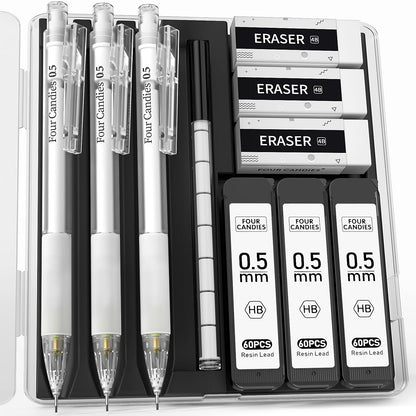 Four_Candies_Cute_Mechanical_Pencil_Set_with_Case_-_3PCS_Pencils_0.5mm_with_180PCS_HB_Lead_Refills,_3PCS_Erasers_&_9PCS_Eraser_Refills,_White_Clear_Mechanical_Pencil_for_Students_Drawing,_Writing