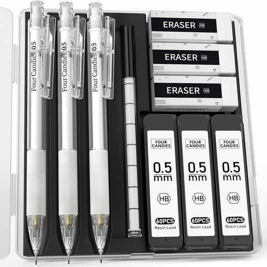 Four_Candies_Cute_Mechanical_Pencil_Set_with_Case_-_3PCS_Pencils_0.5mm_with_180PCS_HB_Lead_Refills,_3PCS_Erasers_&_9PCS_Eraser_Refills,_White_Clear_Mechanical_Pencil_for_Students_Drawing,_Writing