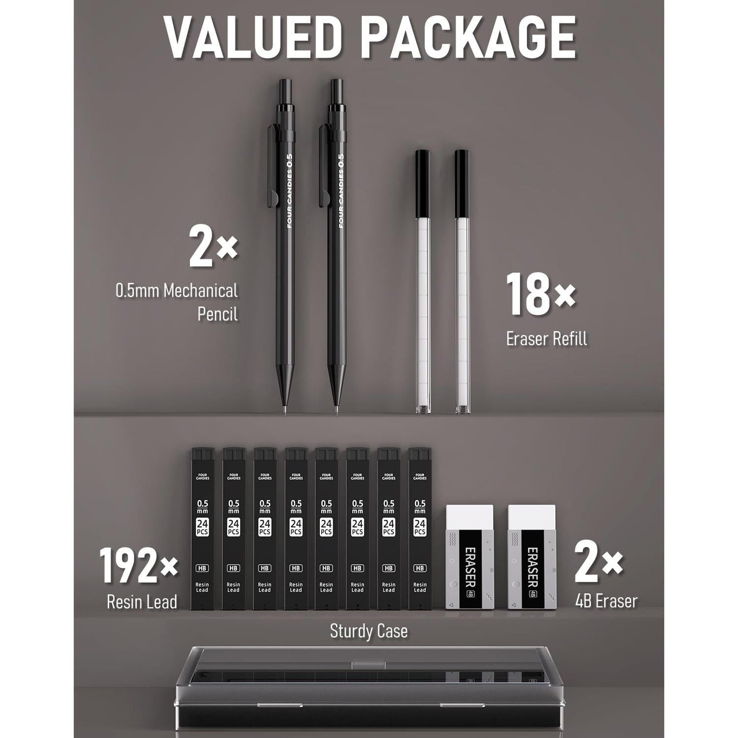 Four_Candies_Metal_Mechanical_Pencils_0.5mm,_2PCS_Mechanical_Pencils_0.5_with_Dual_Spring,_8_Tubes_HB_Lead_Refills,_2PCS_4B_Erasers_and_18PCS_Eraser_Refills,_Mechanical_Pencil_Set_for_Writing_Drawing