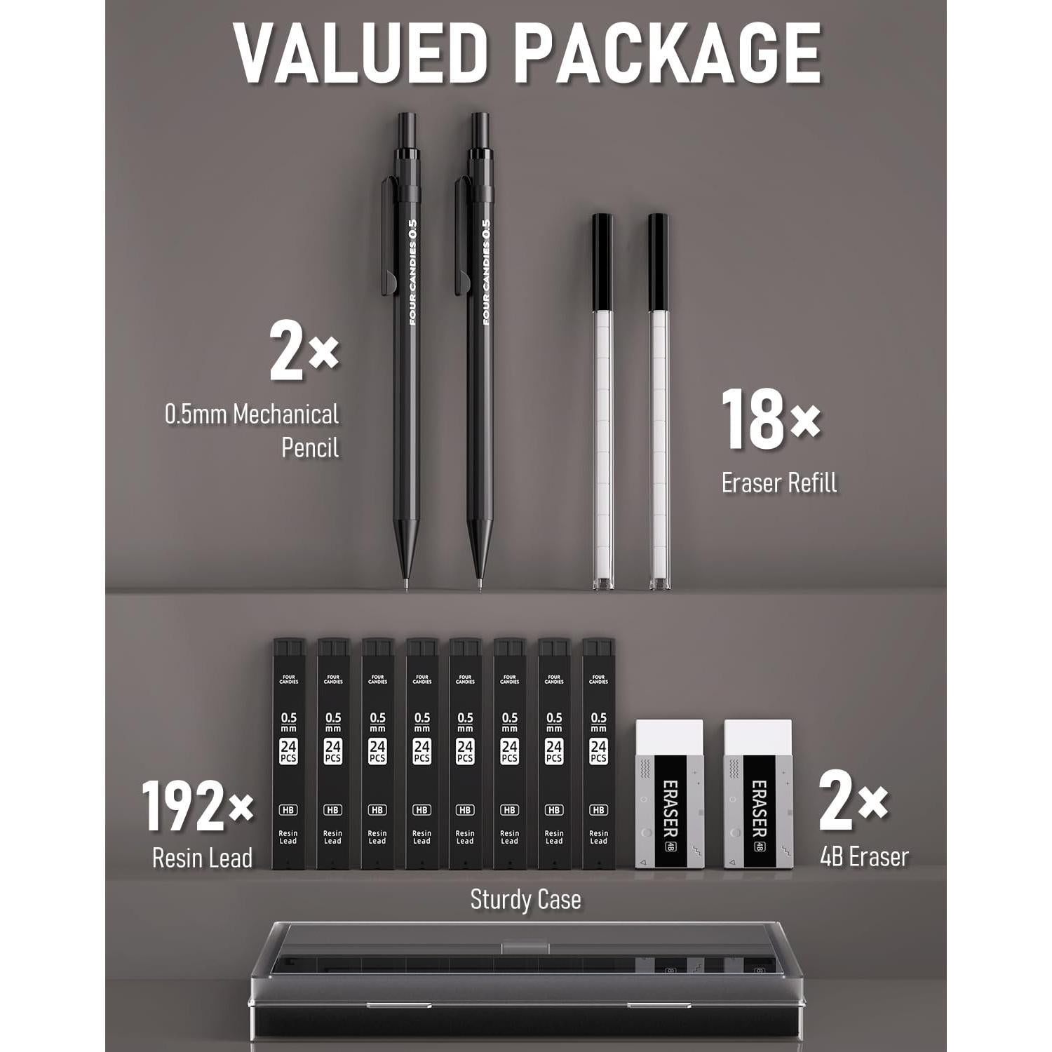 Four_Candies_Metal_Mechanical_Pencils_0.5mm,_2PCS_Mechanical_Pencils_0.5_with_Dual_Spring,_8_Tubes_HB_Lead_Refills,_2PCS_4B_Erasers_and_18PCS_Eraser_Refills,_Mechanical_Pencil_Set_for_Writing_Drawing