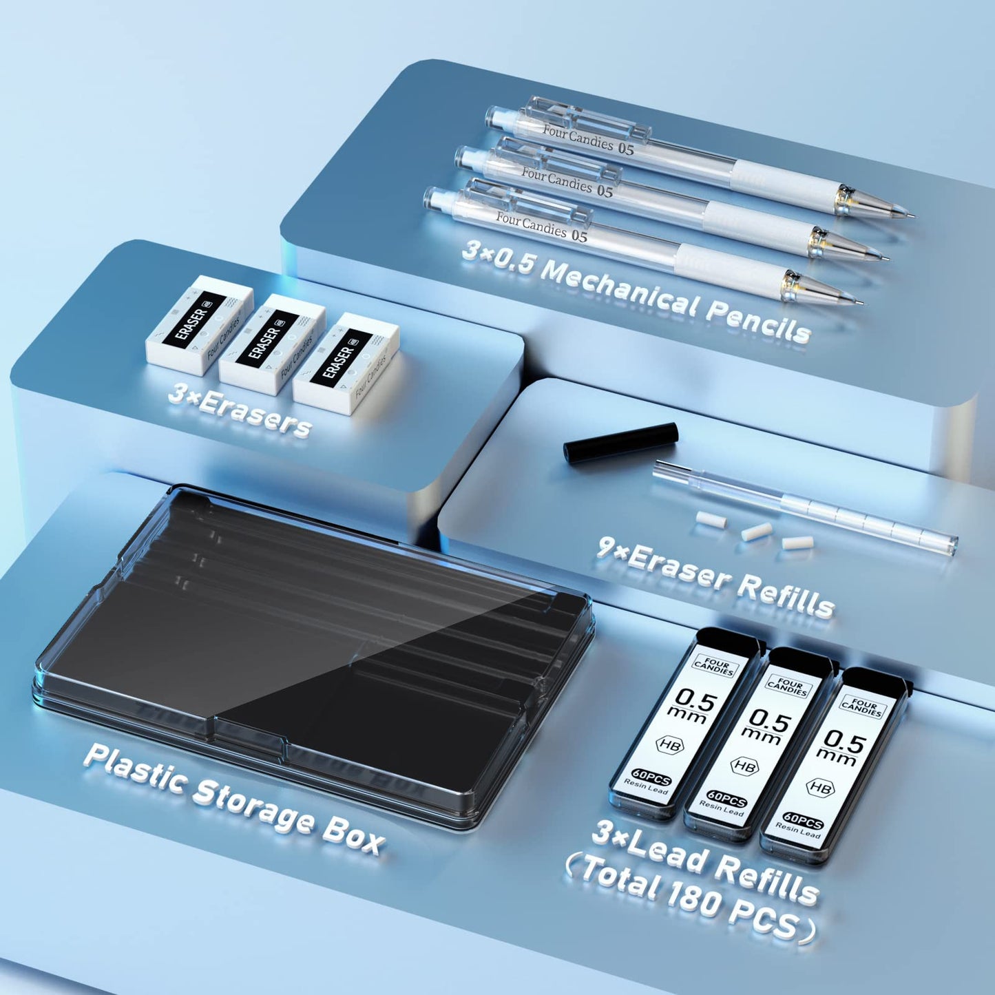 Four_Candies_Cute_Mechanical_Pencil_Set_with_Case_-_3PCS_Pencils_0.5mm_with_180PCS_HB_Lead_Refills,_3PCS_Erasers_&_9PCS_Eraser_Refills,_White_Clear_Mechanical_Pencil_for_Students_Drawing,_Writing
