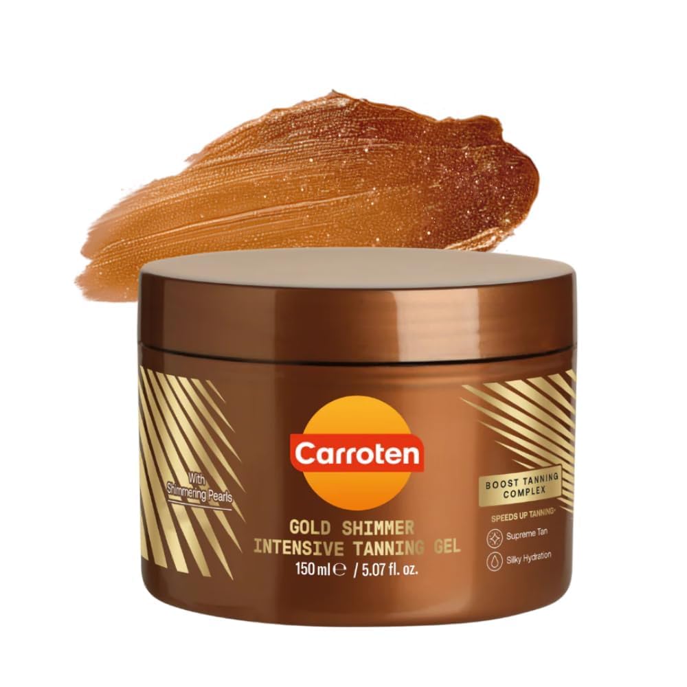 Carroten Gold Shimmer Tanning Gel | Browning Tan Accelerator | Non-Greasy, Water-Resistant with Carrot &amp;amp; Coconut Oil | Vitamin A &amp;amp; E For Moisture &amp;amp; Hydration | Made in Greece | 5 Fl Oz