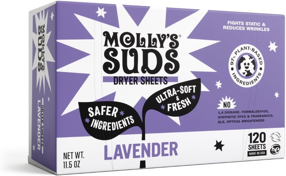 Molly's_Suds_Fabric_Softener_Dryer_Sheets_for_Sensitive_Skin_|_Plant-Based_Static_Reducer,_Plastic-Free_Packaging_|_Lavender_(120_Sheets)