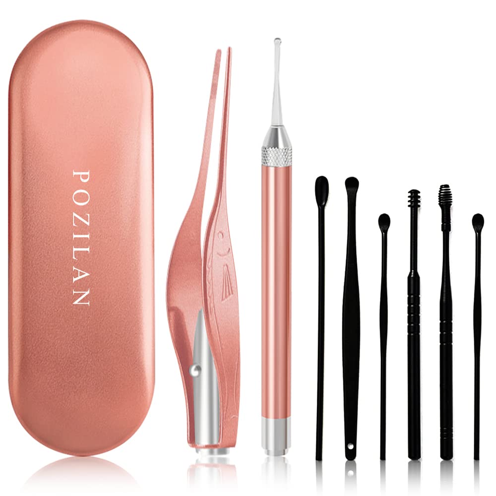 POZILAN Ear Cleaning Kit with LED Light - 15 Pack Ear Wax Removal Kit for Kids and Adults, Earwax Spoon Digger & Tweezers for Ear Cleaning Tool Present Set