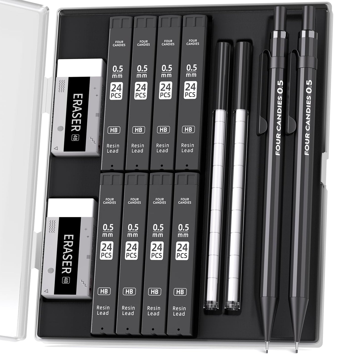 Four_Candies_Metal_Mechanical_Pencils_0.5mm,_2PCS_Mechanical_Pencils_0.5_with_Dual_Spring,_8_Tubes_HB_Lead_Refills,_2PCS_4B_Erasers_and_18PCS_Eraser_Refills,_Mechanical_Pencil_Set_for_Writing_Drawing