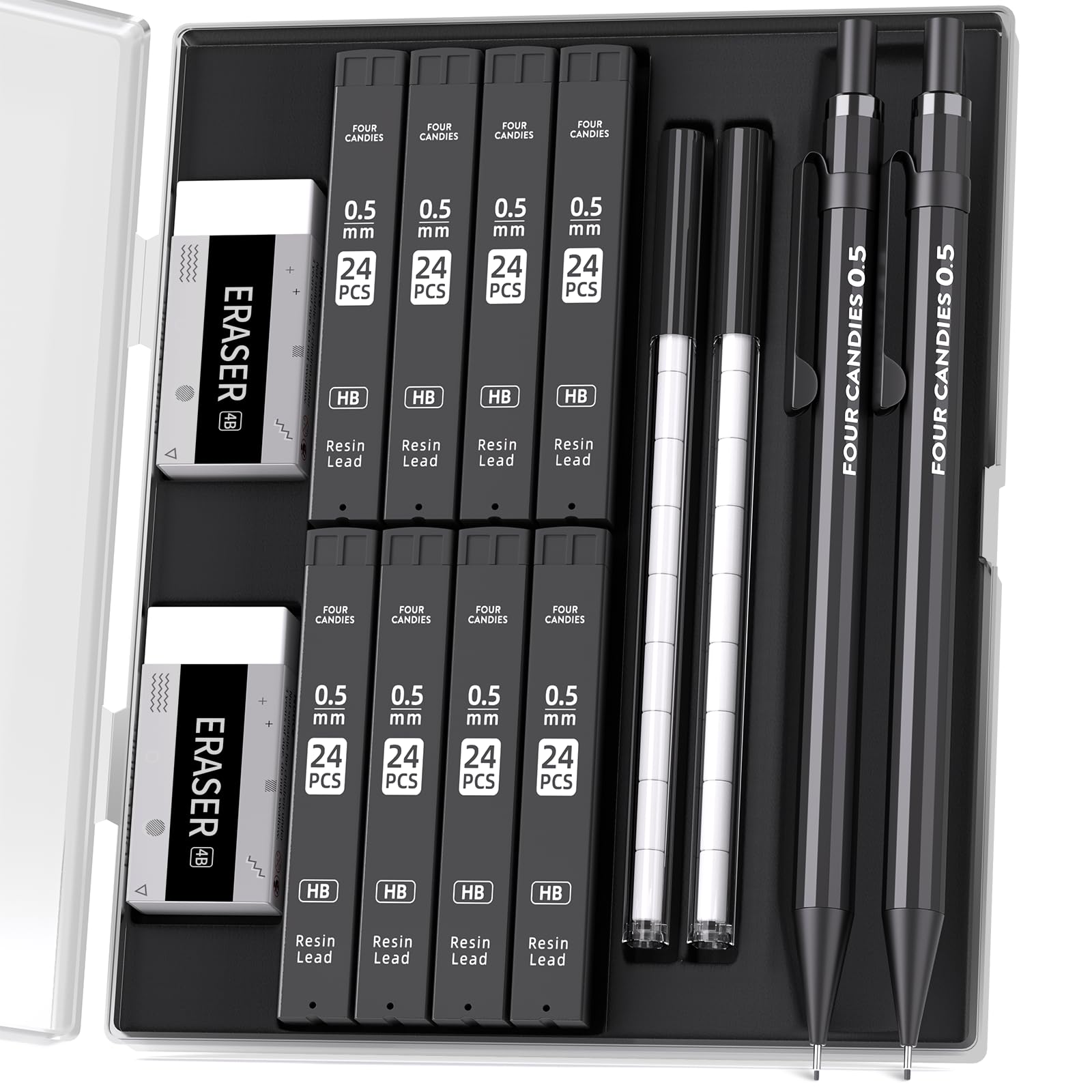 Four_Candies_Metal_Mechanical_Pencils_0.5mm,_2PCS_Mechanical_Pencils_0.5_with_Dual_Spring,_8_Tubes_HB_Lead_Refills,_2PCS_4B_Erasers_and_18PCS_Eraser_Refills,_Mechanical_Pencil_Set_for_Writing_Drawing