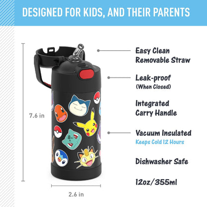 THERMOS_FUNTAINER_Water_Bottle_with_Straw_-_12_Ounce,_Pokemon_-_Kids_Stainless_Steel_Vacuum_Insulated_Water_Bottle_with_Lid_Drinkware_Flasks_Bottled_Tumbler_Portable_Mug_Lightweight_Metal_Button_Insulation_Reusable