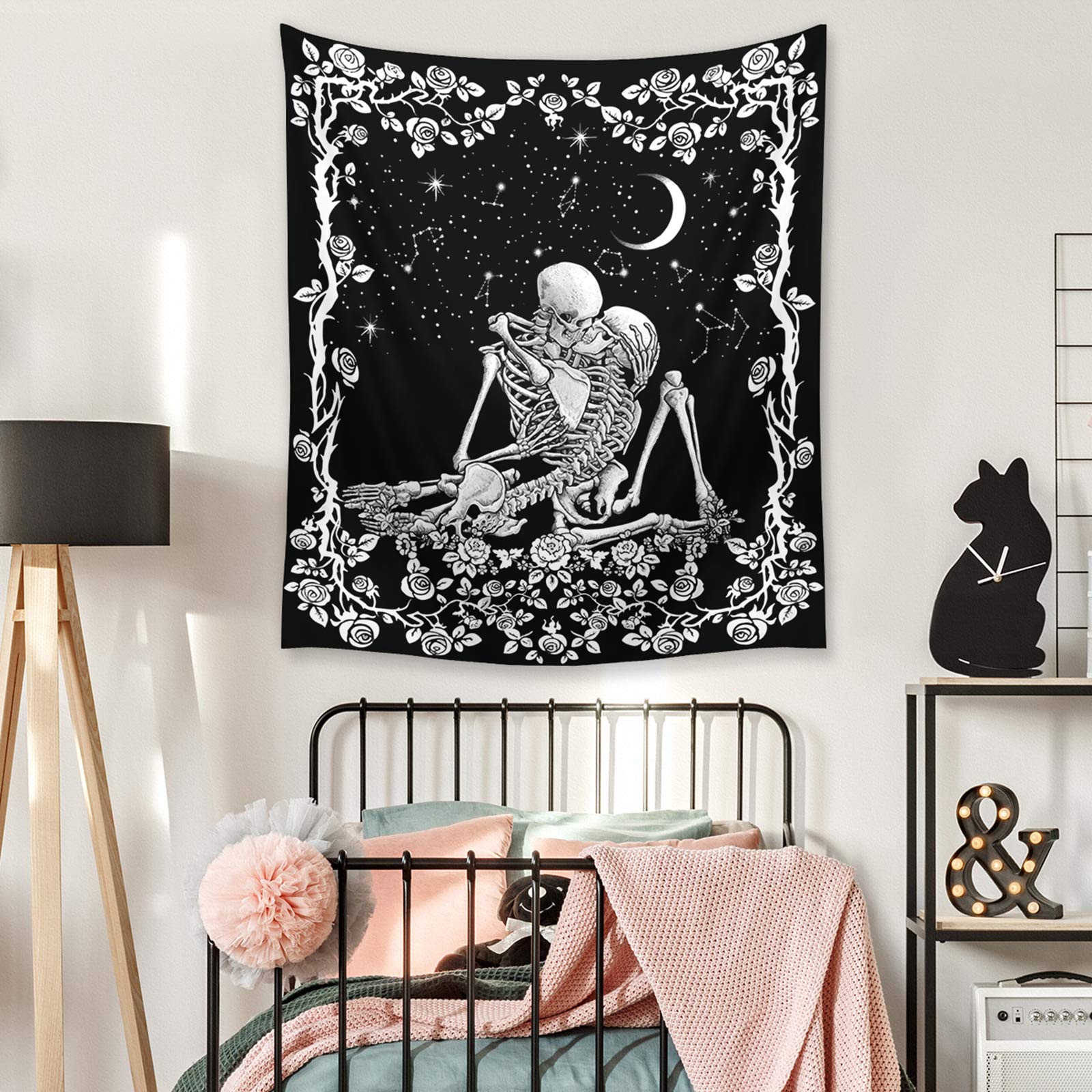 Wonrizon_The_Kissing_Lovers_Skull_Tapestry,Black_and_White_Romantic_Constellation_Skeleton_Tapestries_Wall_Hanging_decor_for_Living_Room_Bedroom_(30”x_40”)
