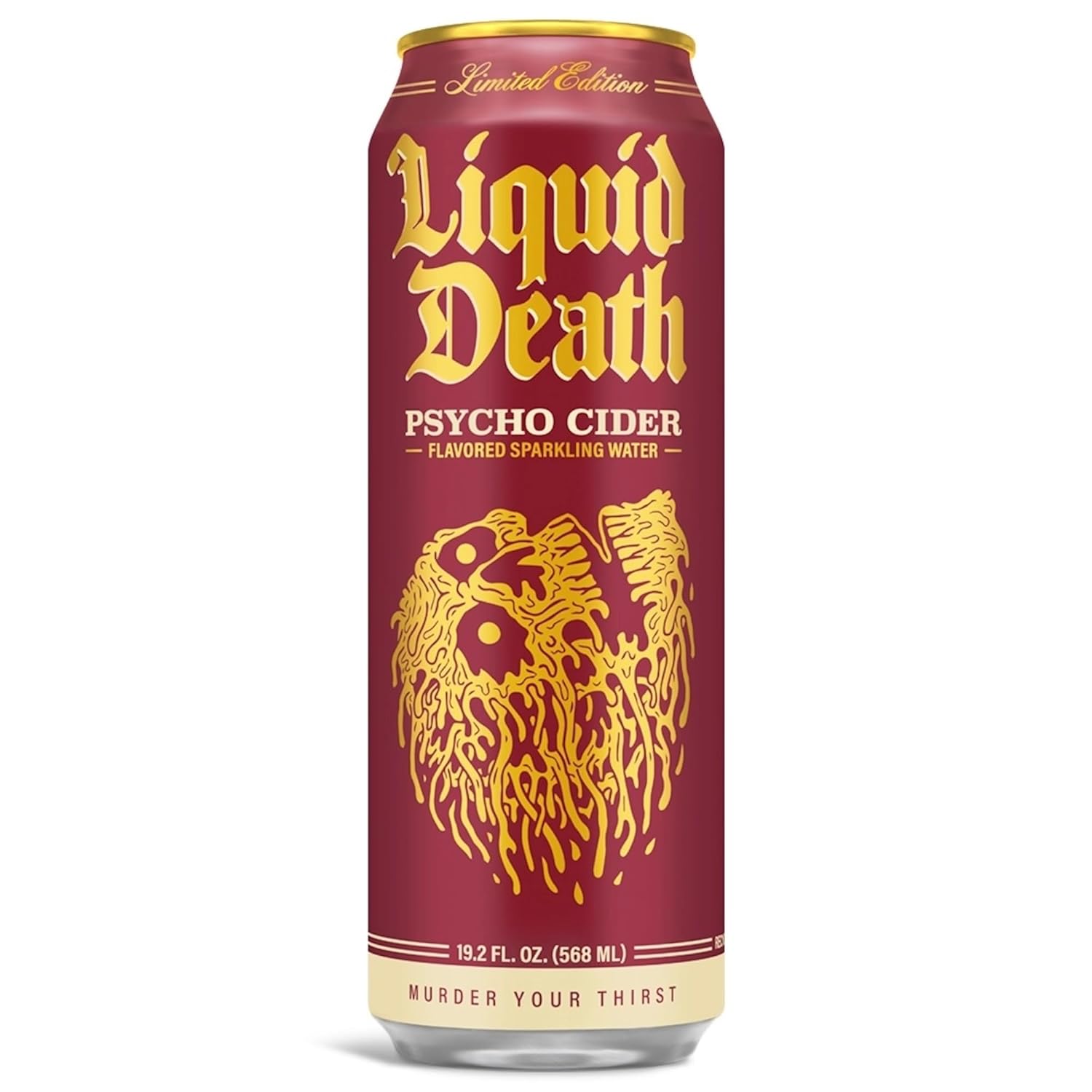 Liquid_Death,_Psycho_Cider_Sparkling_Water,_Apple_Cider_Flavored_Sparkling_Beverage_Sweetened_With_Real_Agave,_Low_Calorie_&_Low_Sugar,_8-Pack_(King_Size_19.2oz_Cans)