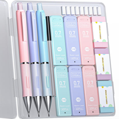Four_Candies_Pastel_Mechanical_Pencil_Set_-_3PCS_0.7mm_Mechanical_Pencils_with_360PCS_HB_Lead_Refills,_3PCS_Erasers_and_9PCS_Eraser_Refills,_Cute_Pencils_for_School_Drawing_&_Writing