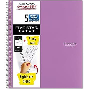 Five_Star_Spiral_Notebook_+_Study_App,_5_Subject,_College_Ruled_Paper,_Fights_Ink_Bleed,_Water_Resistant_Cover,_8-1/2"_x_11",_200_Sheets
