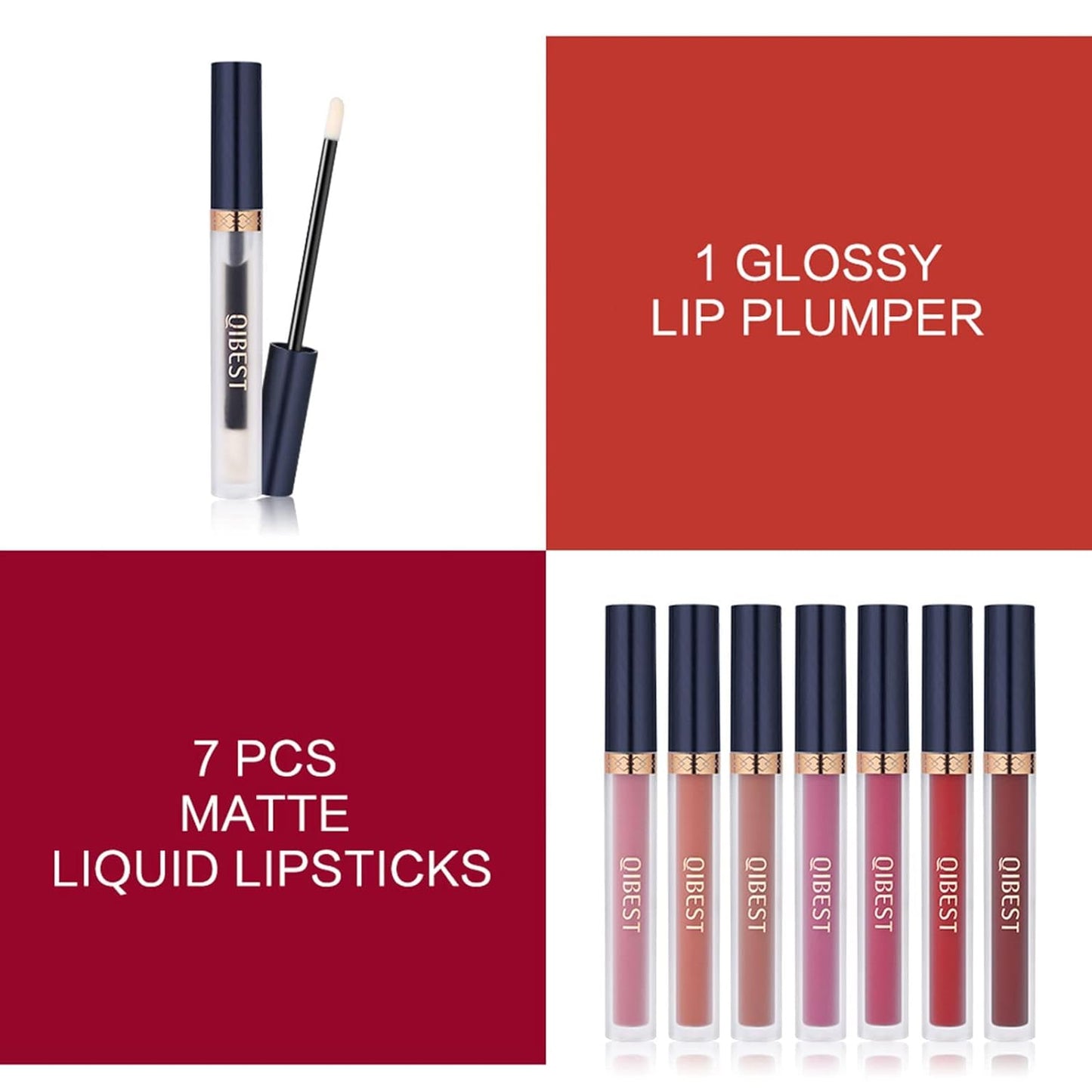 QiBest_7Pcs_Matte_Liquid_Lipstick_Set_with_Lip_Plumper,_Waterproof_and_Velvet_Lip_Makeup_Gloss_Lipgloss_Silky_Smooth_Flawless_Glossy_Lip_Care_Cosmetic