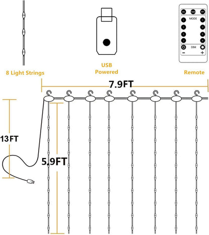 YEOLEH_String_Lights_Curtain,7.9_x_5.9Ft_144LEDs_USB_Powered_Fairy_Lights_for_Bedroom_Wall_Decor,8_Modes_&_IP64_Waterproof_Ideal_for_Outdoor_Indoor_Home_Garden_Party_Holiday_Halloween_Room,Warm_White