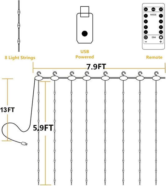 YEOLEH_String_Lights_Curtain,7.9_x_5.9Ft_144LEDs_USB_Powered_Fairy_Lights_for_Bedroom_Wall_Decor,8_Modes_&_IP64_Waterproof_Ideal_for_Outdoor_Indoor_Home_Garden_Party_Holiday_Halloween_Room,Warm_White
