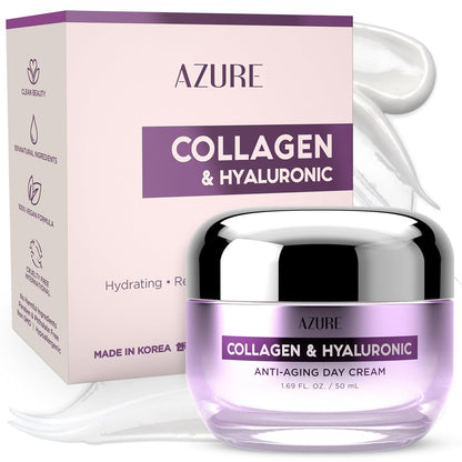 Azure Cosmetics Collagen &amp;amp; Hyaluronic Acid Face Moisturizer - Dermatologist Tested, Anti-Aging Cream for Fine Lines &amp;amp; Wrinkles - Ultra Hydrating Face Cream - Korean Skin Care - All Skin Type - 1.69 oz