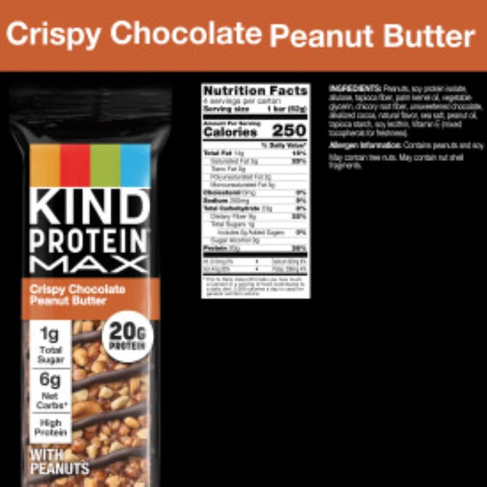 KIND_Protein_MAX_Crispy_Chocolate_Peanut_Butter_Snack_Bars,_20g_of_Protein,_Keto_Friendly,_1g_of_Sugar_Per_Bar,_Gluten_Free,_4_Count_Box