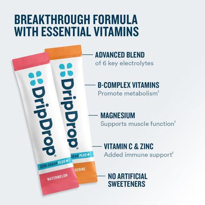DripDrop_Zero_Sugar_Plus_-_Sugar_Free_Hydration_Packets-_Single_Serve_Electrolytes_Powder_Drink_Mix_-_Raspberry_Lemonade,_Watermelon,_Tangerine,_Tropical_Punch_-_Non-GMO,_Vegan-_16_Sticks