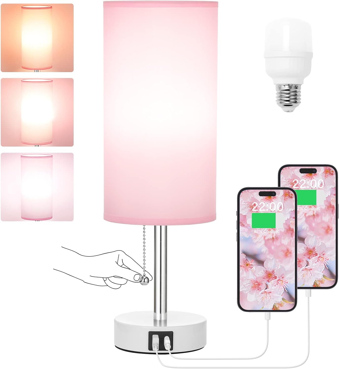 Hong-in_Pink_Bedside_Lamp_-_3_Color_Modes,_Small_Lamp_with_USB-C_and_USB-A_Charging_Ports,_Pull_Chain,_Nightstand_Light_for_Bedroom,_Office,_Kids_Room_(Bulb_Included)