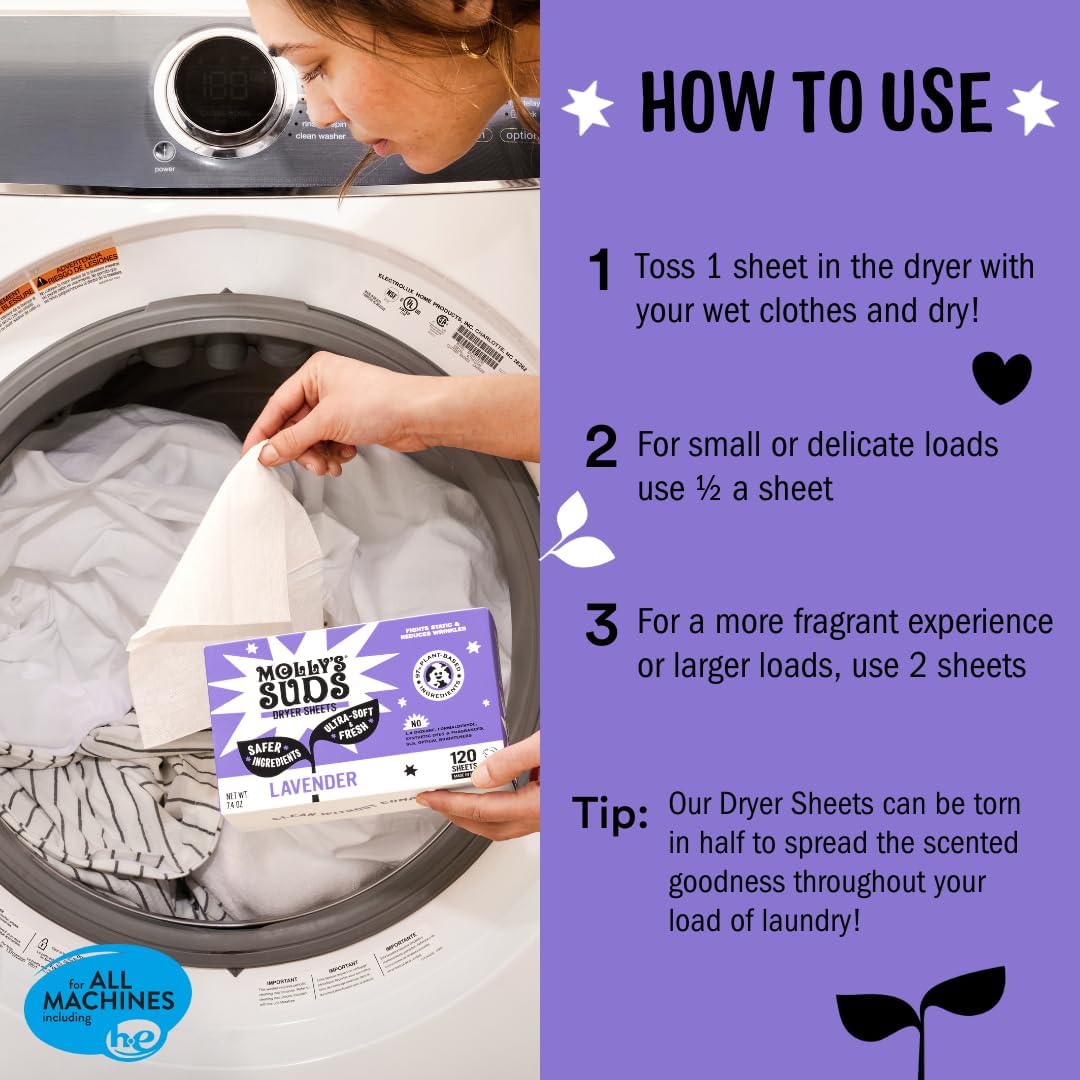 Molly's_Suds_Fabric_Softener_Dryer_Sheets_for_Sensitive_Skin_|_Plant-Based_Static_Reducer,_Plastic-Free_Packaging_|_Lavender_(120_Sheets)