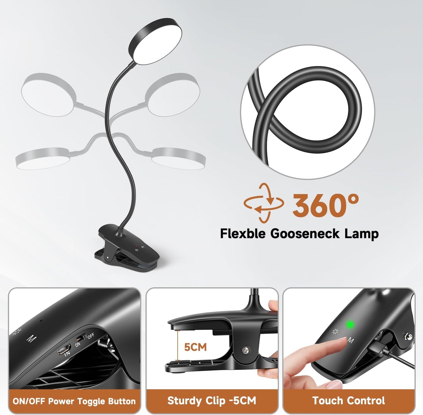 Mubarek_Clip_on_Lamp,5_Brightness+5_Color_Clip_on_Light,200LM_36_LED_Reading_Lights_for_Books_in_Bed,1800mAh_Battery_Powered_Lamp_Battery_Operated_Lights,Rechargeable_Desk_Lamp_with_Clamp_Light