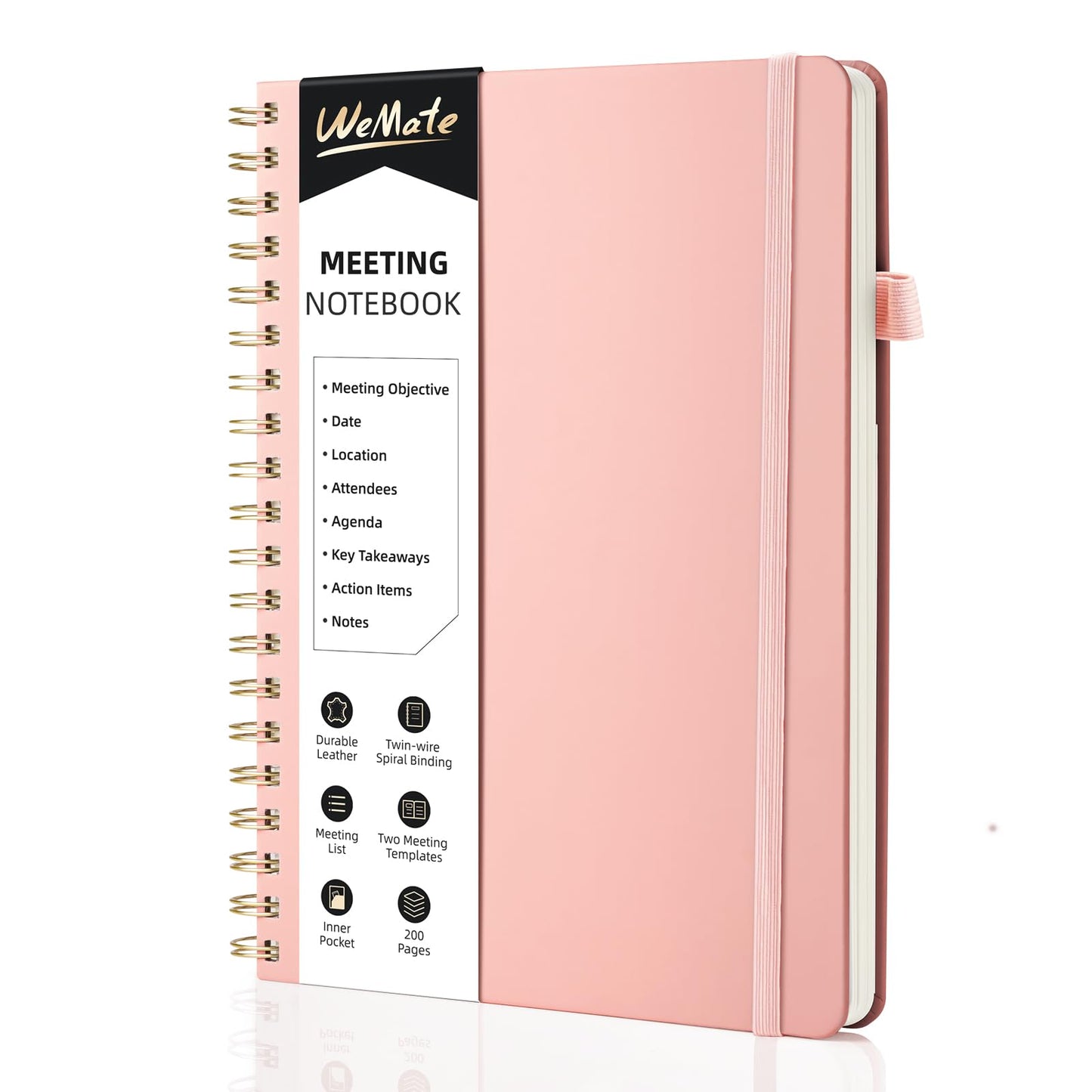 WEMATE Meeting Notebook for Work B5 (7&amp;#34;x10&amp;#34;) - PU Leather Work Notebook with Agenda, Action Items &amp;amp; Notes - 200 Pages for Men&amp;amp;Women, Staff and Students, Meeting, Projects Planning -Rose Gold