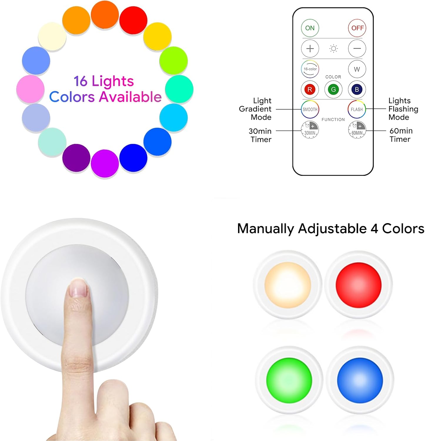 Yiliaw_3_Pack/6_Packs/12_Packs_LED_Puck_Lights_Remote_Control_16_Color_Changeable_Under_Cabinet_Lights,_Battery_Operated_Lights_Night_Light_with_Dimmer_&_Timmer_for_Closet_Bedroom_Kitchen,_White/Black