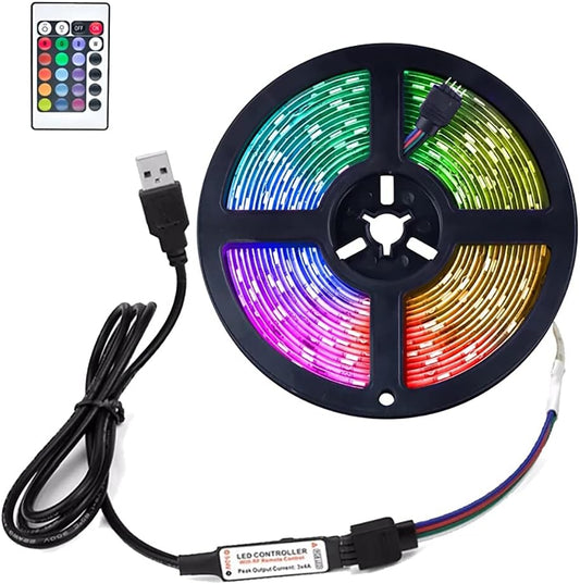 RGB_Led_Strip_16.4ft,5V_USB_Colorful_30LED_S/M_SMD_5050_Flexible_Lights_for_TV_Backlight_Room_Decor，with_24_Keys_Remote_Controller
