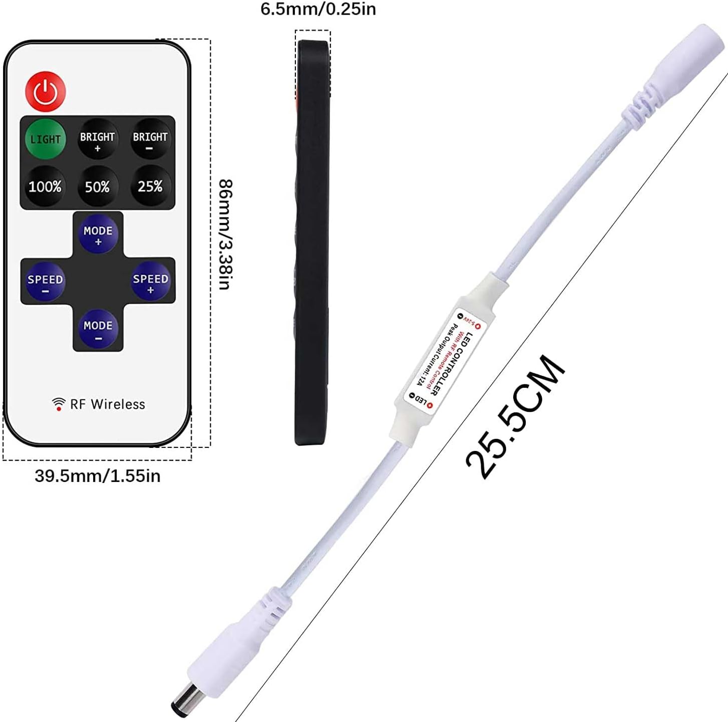 2_Pack_LED_Light_Strip_Remote_Control_Mini_RF_Wireless_LED_Controller_Single_Color_3528_5050_LED_Strip_Lights_Dimmer_Switch_Control_Brightness_Flashing_Mode_DC_12V_24V_LED_Bar_Ribbon_Shelf_Lights