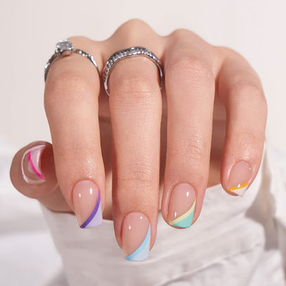 BTArtbox Short Press On Nails - Soft Gel French Tip Press On Nails, Supremely Fit &amp;amp; Natural Square Glue On Nails with Nail Glue, Reusable Stick On Nails in 15 Sizes, Pastel Curves