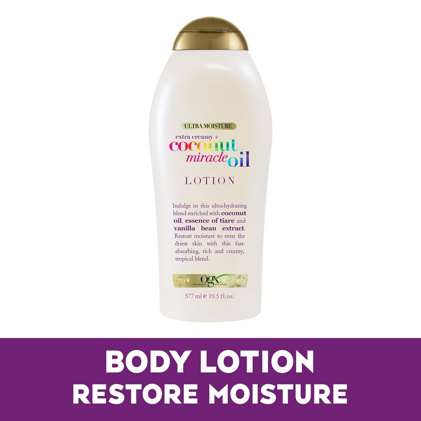 OGX_Extra_Creamy_+_Coconut_Miracle_Oil_Ultra_Moisture_Body_Lotion_with_Vanilla_Bean,_Fast-Absorbing_Body_Lotion_for_All_Skin_Types,_Paraben-Free_and_Sulfated-Surfactants_Free,_19.5_Ounce