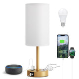 Bedside Table Lamp for Bedroom - 3 Way Dimmable Touch Lamp USB C Charging Ports and AC Outlet, Small Lamp Wood Base Round Flaxen Fabric Shade for Living Room, Desk, LED Bulb Included