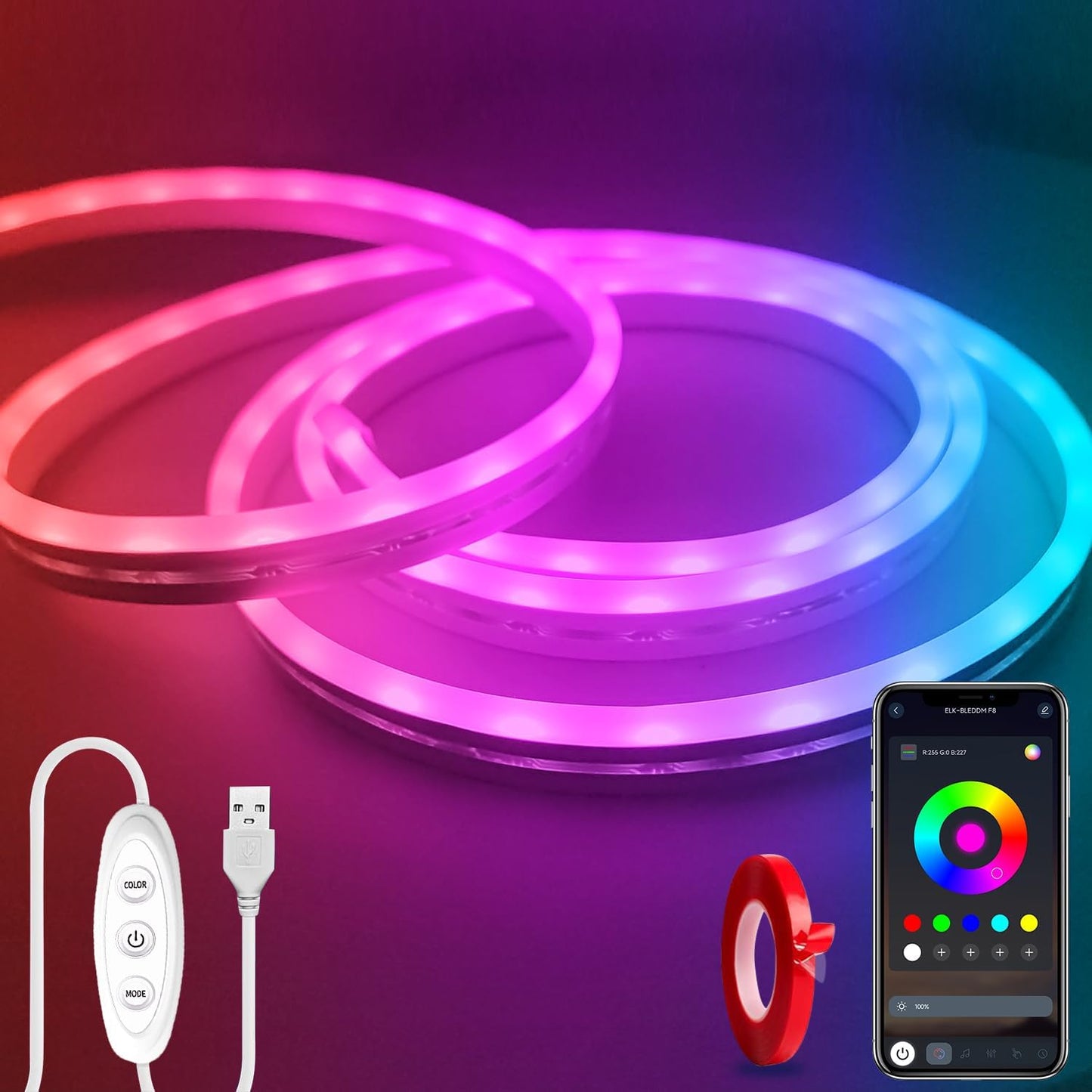 LED_Neon_Lights,_6.6ft/16.4FT_USB_Powered_LED_Strip_Lights，5V_Music_Sync_Color_Changing_Rope_Light_with_APP_Control，IP65_Waterproof_RGB_Rope_Lights_for_Bedroom，Cabinet,Kitchen,_DIY_Lighting