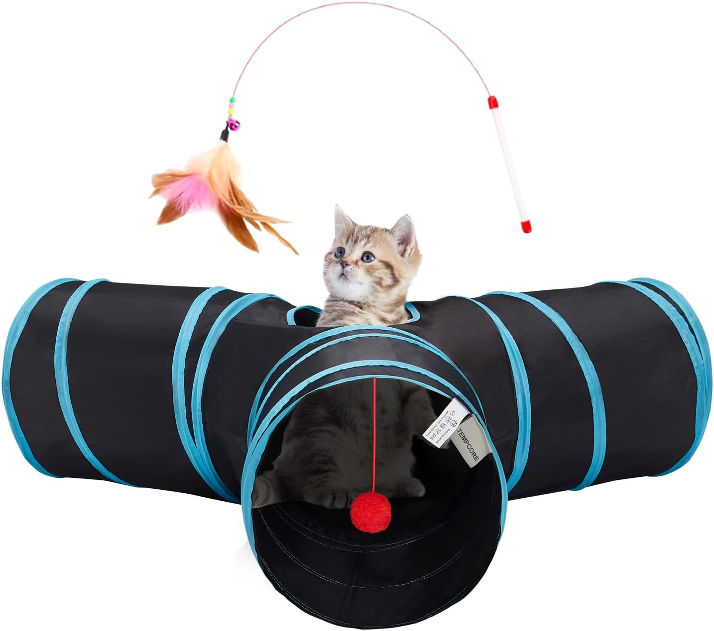 Tempcore_Pet_Cat_Tunnel_Tube_Toys_3_Way_Collapsible,_Tunnels_for_Indoor_Cats,_Interactive_Tube_with_Teaser_Wand,_Peek_Holes_&_Hanging_Ball,_Black_&_Blue