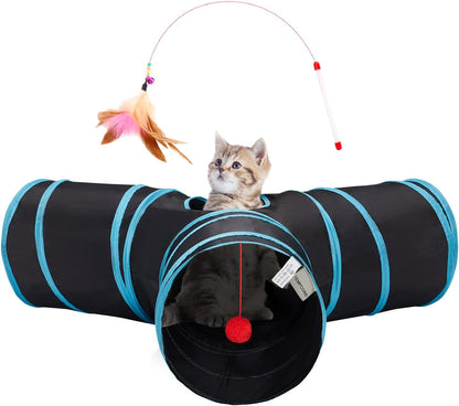 Tempcore_Pet_Cat_Tunnel_Tube_Toys_3_Way_Collapsible,_Tunnels_for_Indoor_Cats,_Interactive_Tube_with_Teaser_Wand,_Peek_Holes_&_Hanging_Ball,_Black_&_Blue