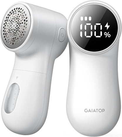 GAIATOP_Fabric_Shaver_Rechargeable_Lint_Remover_3_Speeds_Sweater_Defuzzer,_Cute_Digital_Screen_Large_Storage_6-Leaf_Blades,_Fuzz_Pills_Bobbles_Trimmer_for_Clothes_Furniture_Bedclothes_White_1_pcs