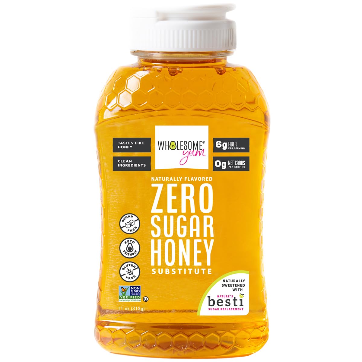 Wholesome Yum Zero Sugar Honey Substitute (Keto) - Natural Sugar Free Honey Alternative With Monk Fruit &amp;amp; Allulose - Zero Net Carbs, Non GMO, Gluten Free, No Aftertaste (11 oz)