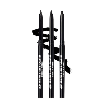 Ruby Kisses Auto Lip Liner Pencil (Black 3 Pack), Long Lasting &amp;amp; Non-Fading, Smooth Application, Non-Feathering with Rich Pigmented Color, No Sharpener Needed, Ideal for Full Lips Look