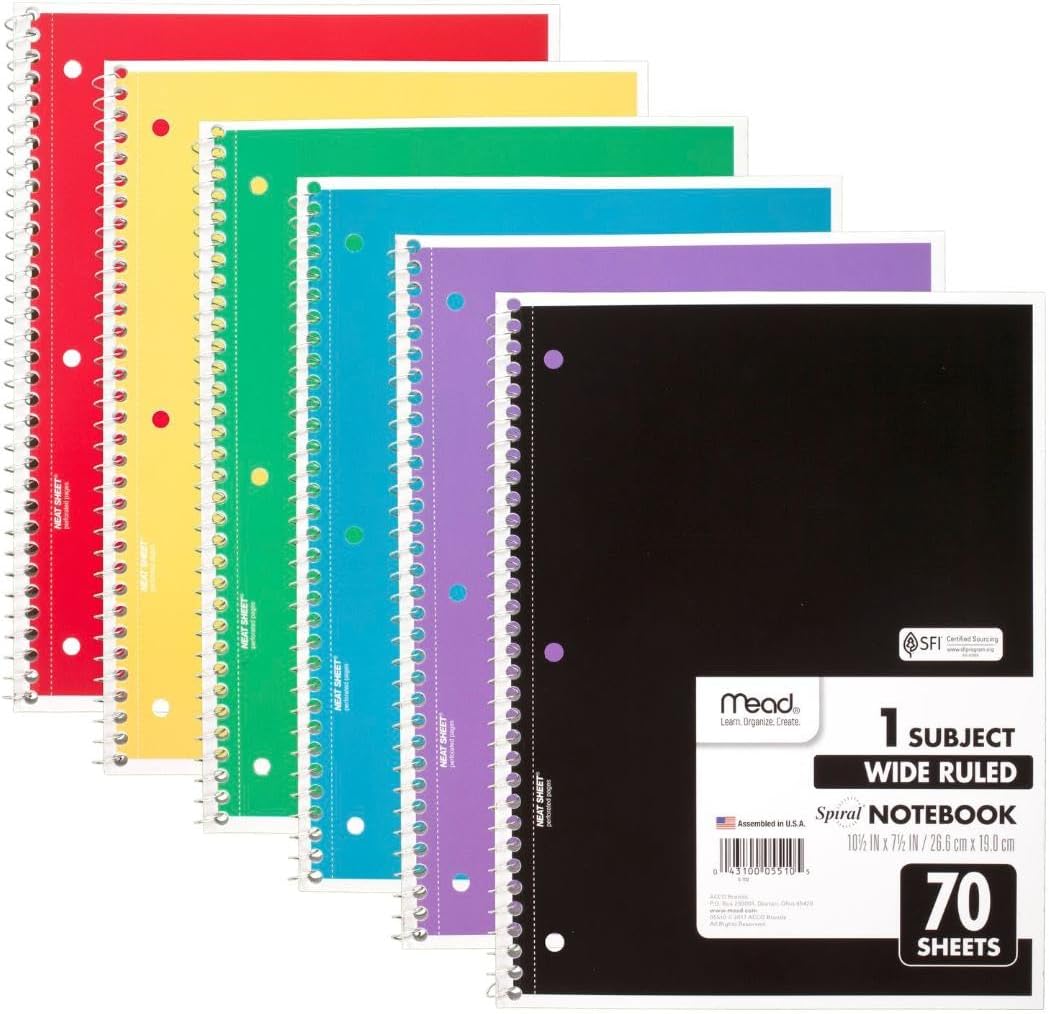 Mead_Spiral_Notebook,_6_Pack,_1_Subject,_Wide_Ruled_Paper,_7-1/2"_x_10-1/2",_70_Sheets_per_Notebook,_Colors_Will_Vary_(930201-ECM25)