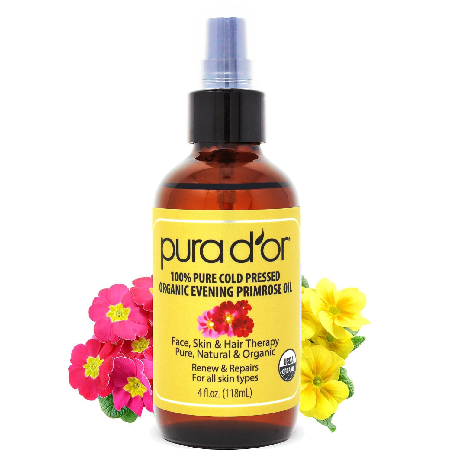 PURA_D'OR_Organic_Evening_Primrose_Oil_(4oz)_100%_Pure_Cold_Pressed_w/Natural_Essential_Fatty_Acids_&_Antioxidant_Rich_-_Moisturizes,_Rejuvenates,_Renews_&_Restores_-_Skin,_Hair_&_Face
