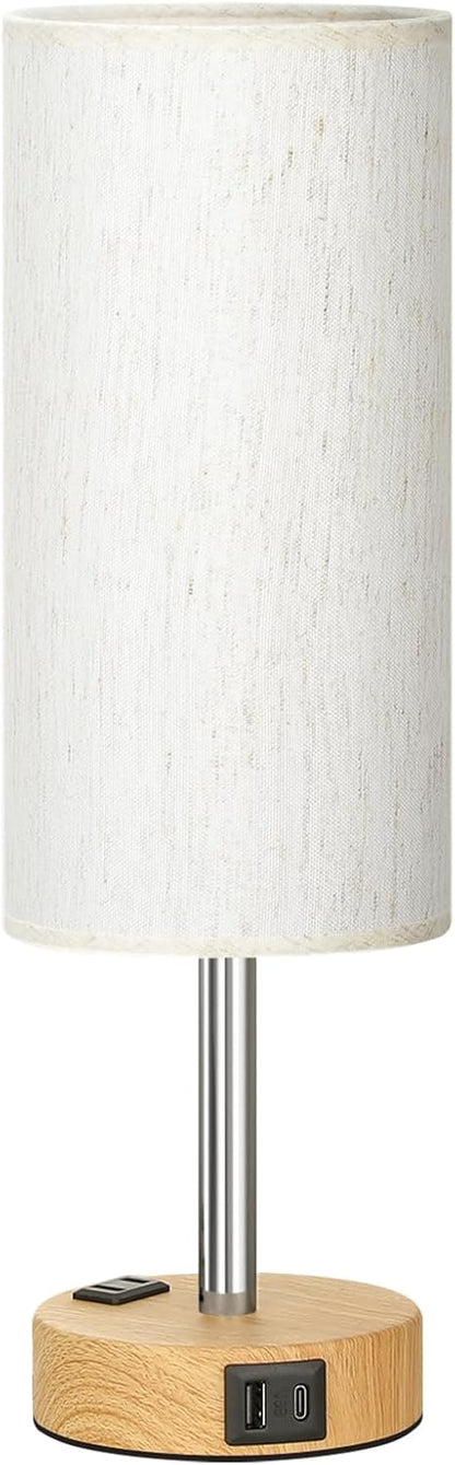 Bedside_Table_Lamp_for_Bedroom_-_3_Way_Dimmable_Touch_Lamp_USB_C_Charging_Ports_and_AC_Outlet,_Small_Lamp_Wood_Base_Round_Flaxen_Fabric_Shade_for_Living_Room,_Desk,_LED_Bulb_Included
