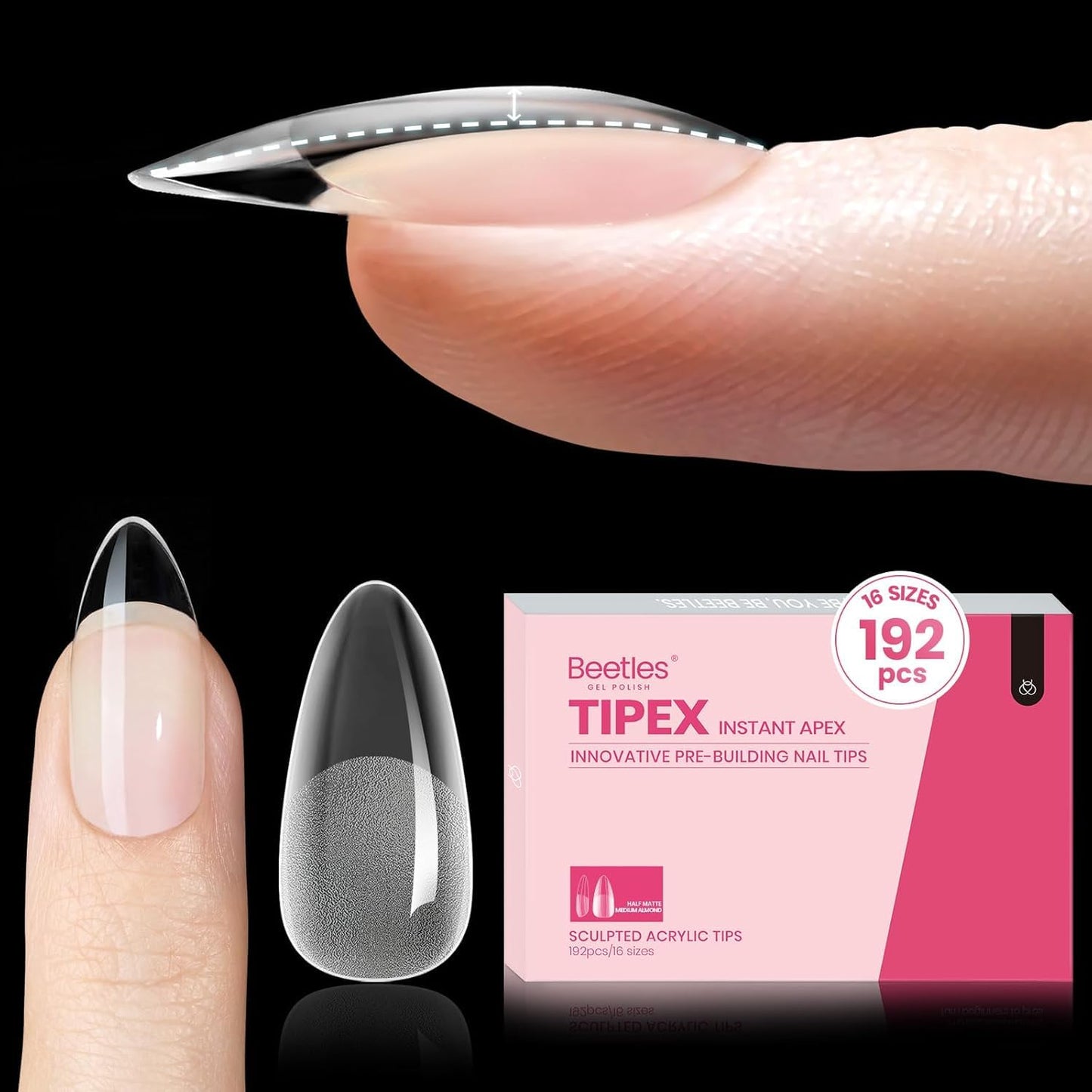 Beetles_Tipex_Instant_Apex_Nail_Tips,_Almond_Medium,_16_Sizes_(00–14),_192pcs,_Built-In_Apex,_No_Builder_Gel_Required,_Thicker_Strong_Acrylic_Tips_for_DIY_Nail_Extensions